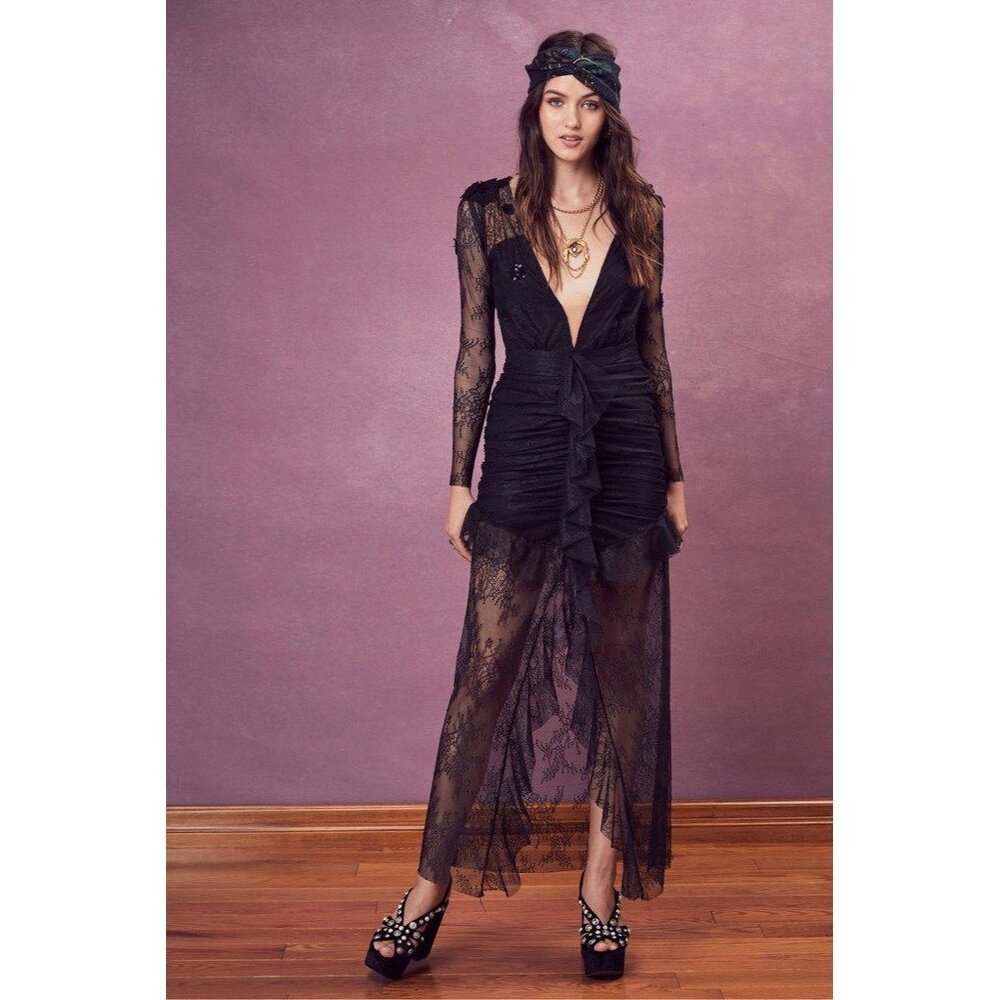 New For Love and Lemons Daisy Lace Whimsigoth Dark Fairy Black Maxi Dress Small